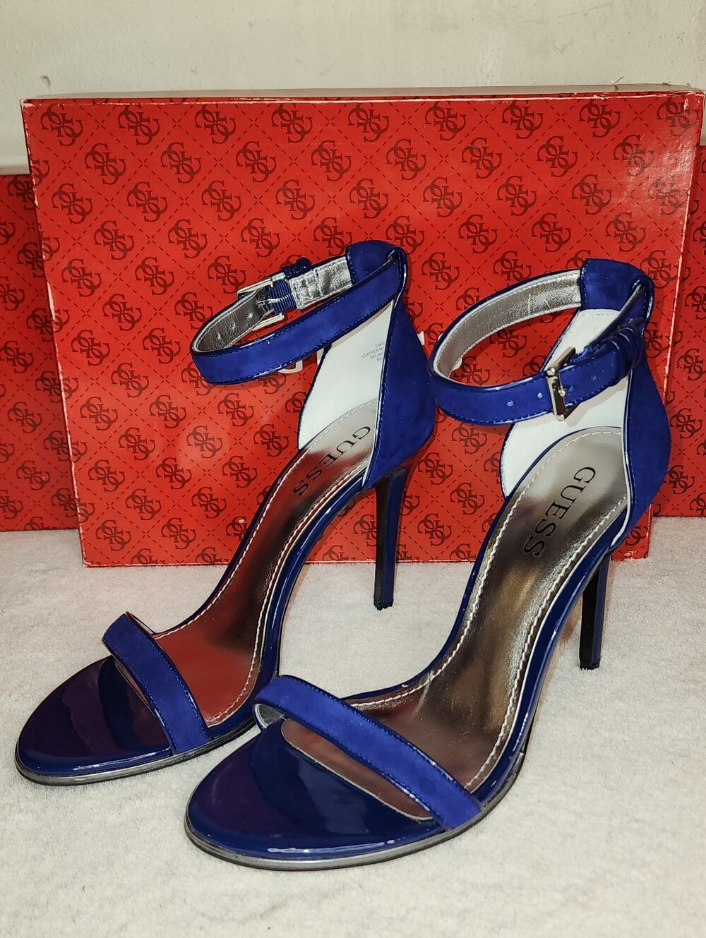 GUESS Blue Patent Ankle-Strap Open-Toe Heels
